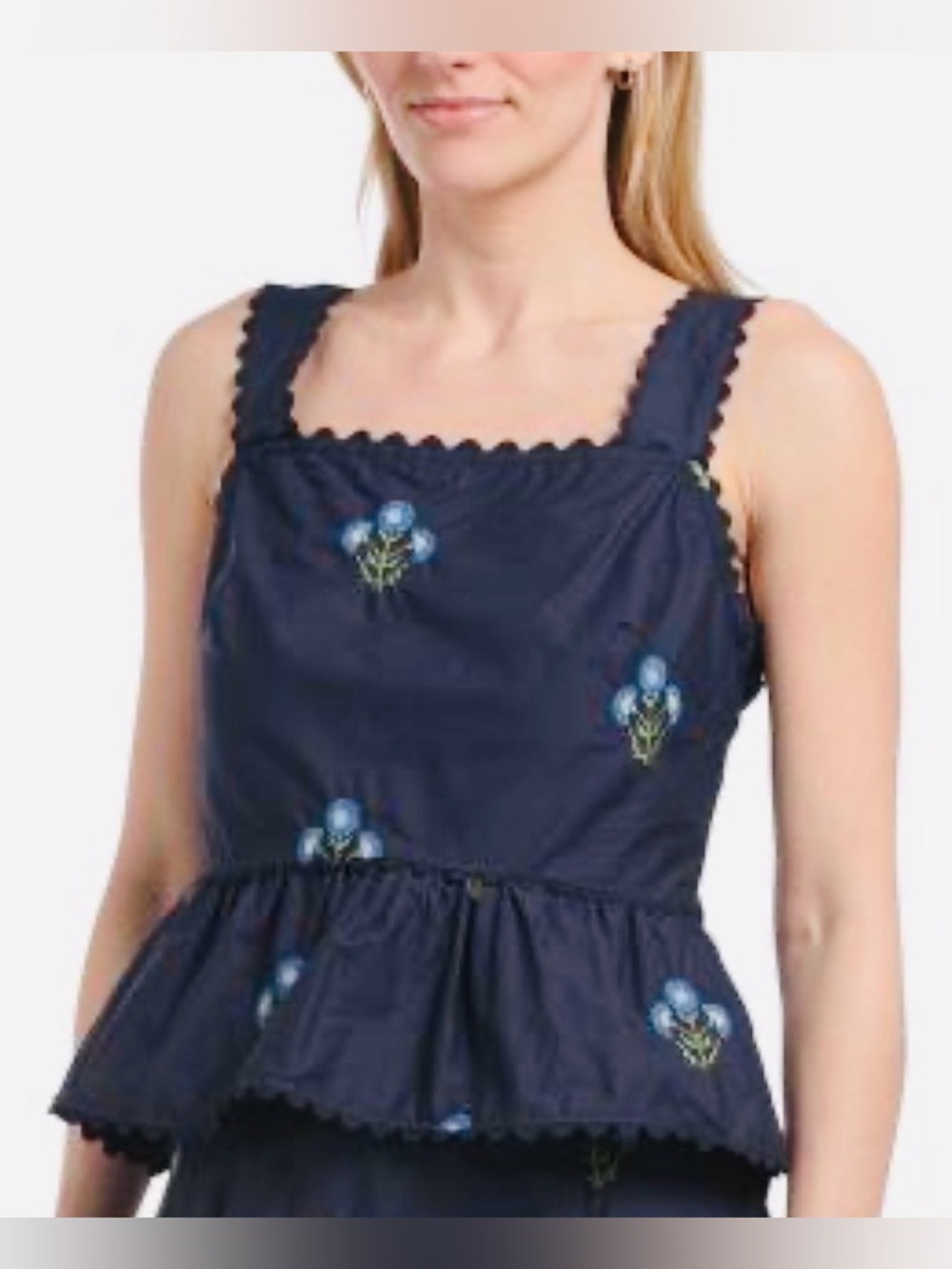 NWT Solitaire Navy Floral Embroidered Peplum Tank Top Ric-Rack Trim